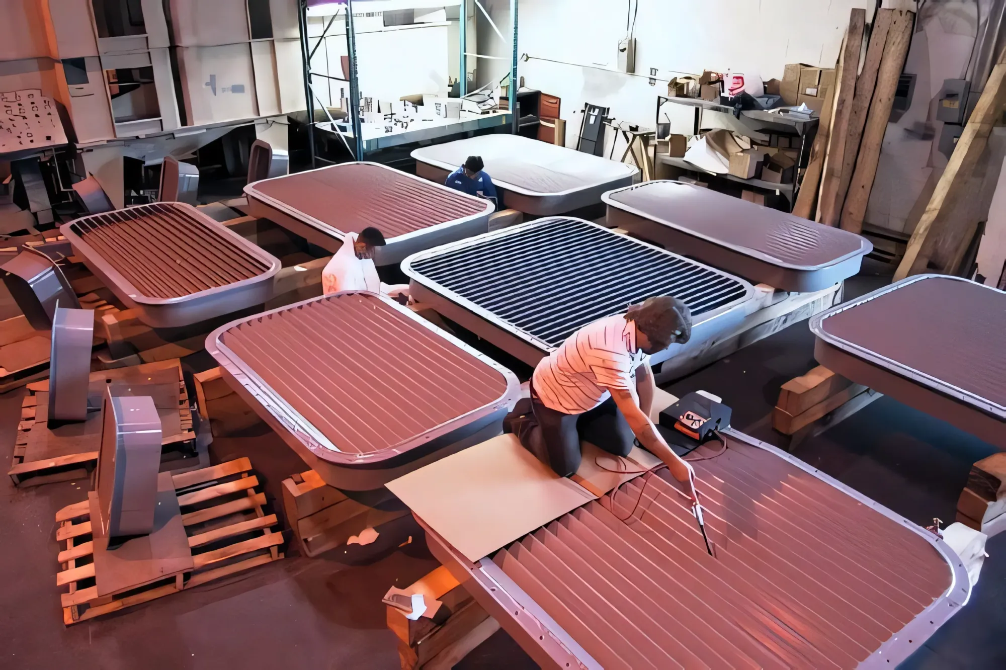 Workers inspecting coated panels in an industrial workshop