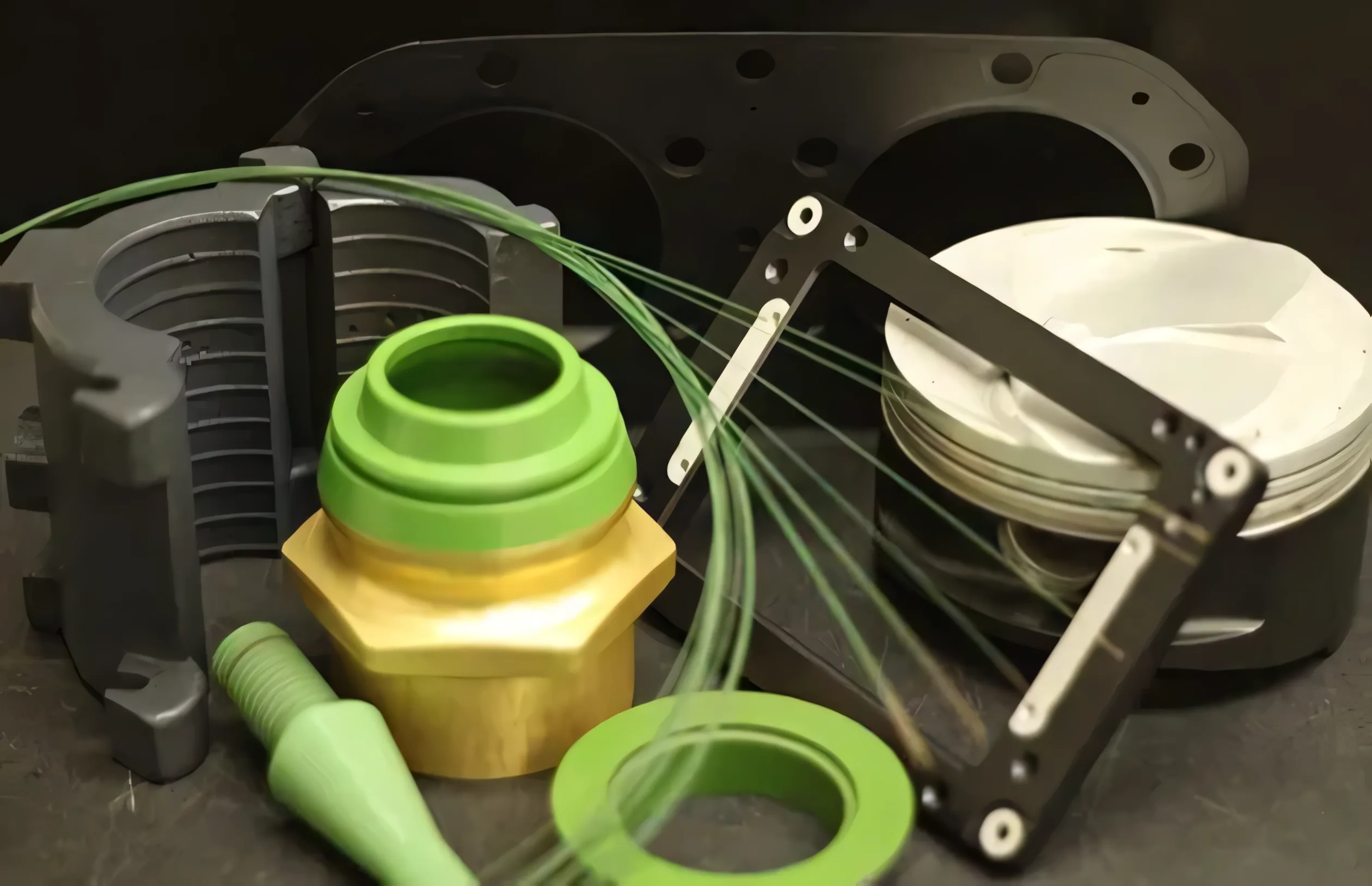 Coated engineering components, including green fittings and machined parts