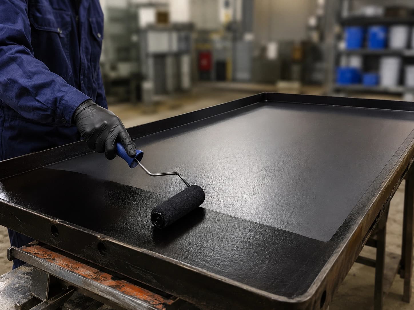 Detail of a coated tray and roller assembly during application