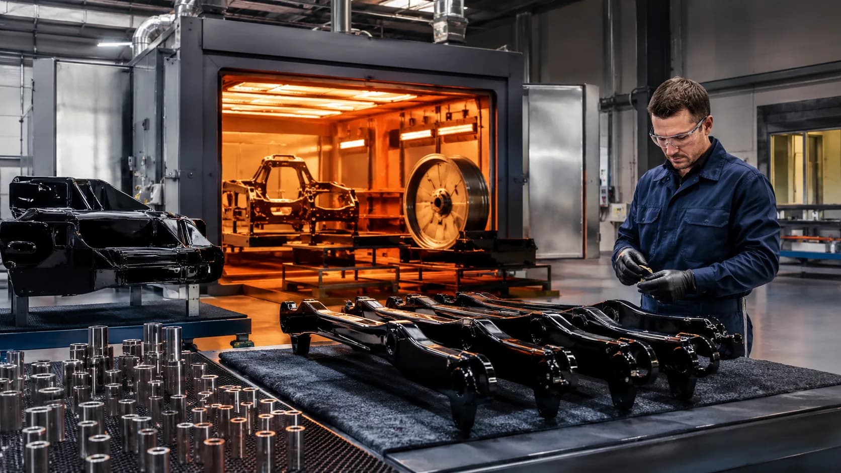 Freshly recoated parts exiting the cure oven at AST