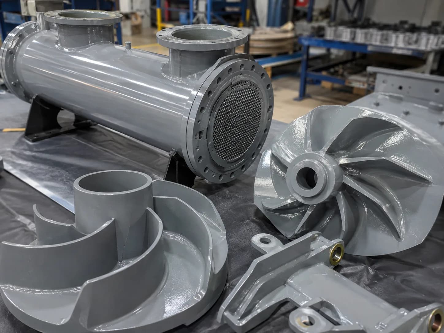 Chemical-resistant coated pump impellers and heat-exchanger tube body