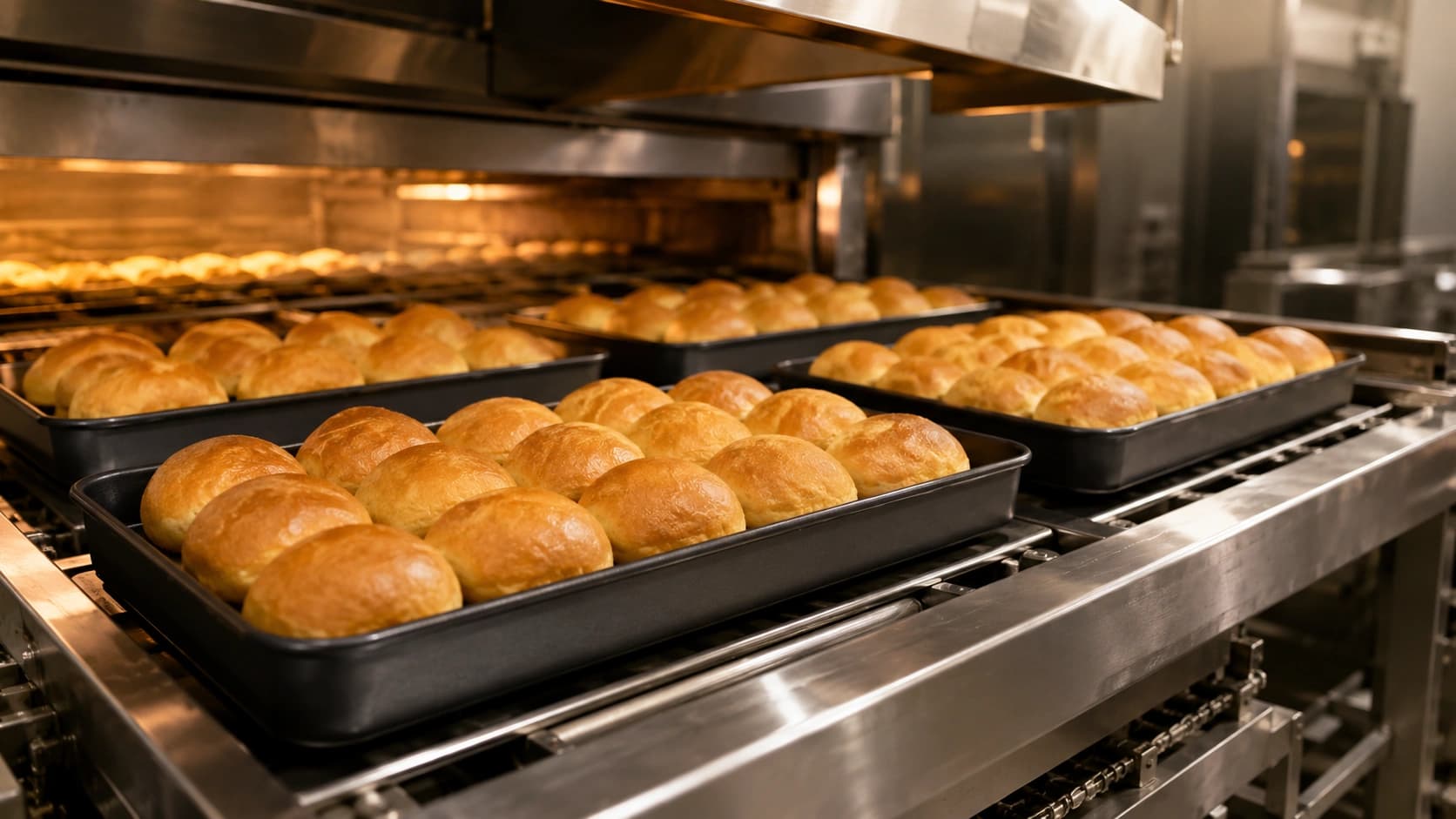 Industrial bakery line: baked buns on coated trays on conveyor