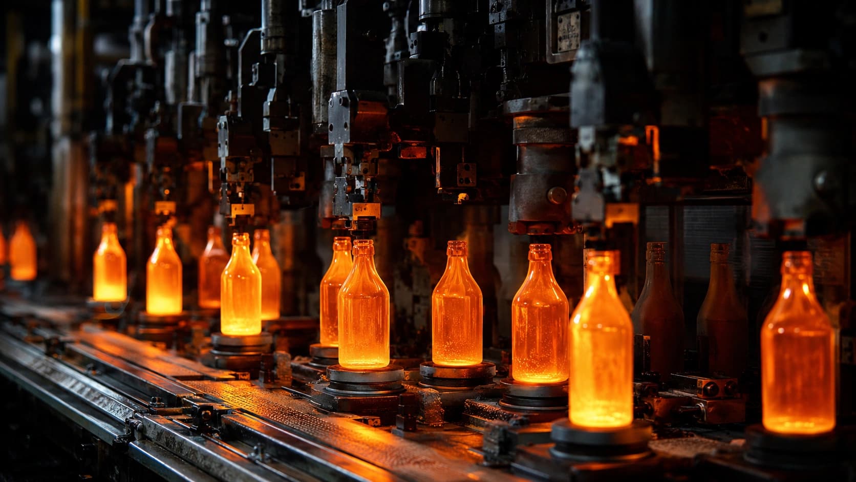 Hot-end IS machine glass bottle production line — AST applies Resigraph coating to gob-delivery tooling on lines like this