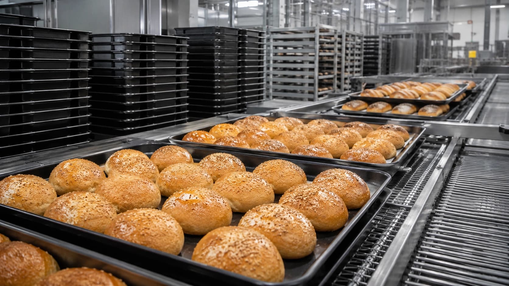 Loaf pans with AST PTFE/PFA non-stick Teflon coating exiting an industrial bakery oven