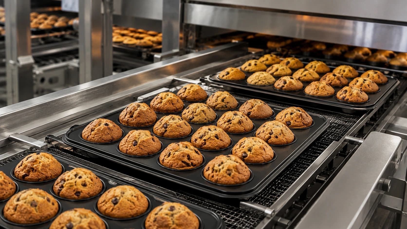 Baked muffins on a coated tray on an industrial muffin production line