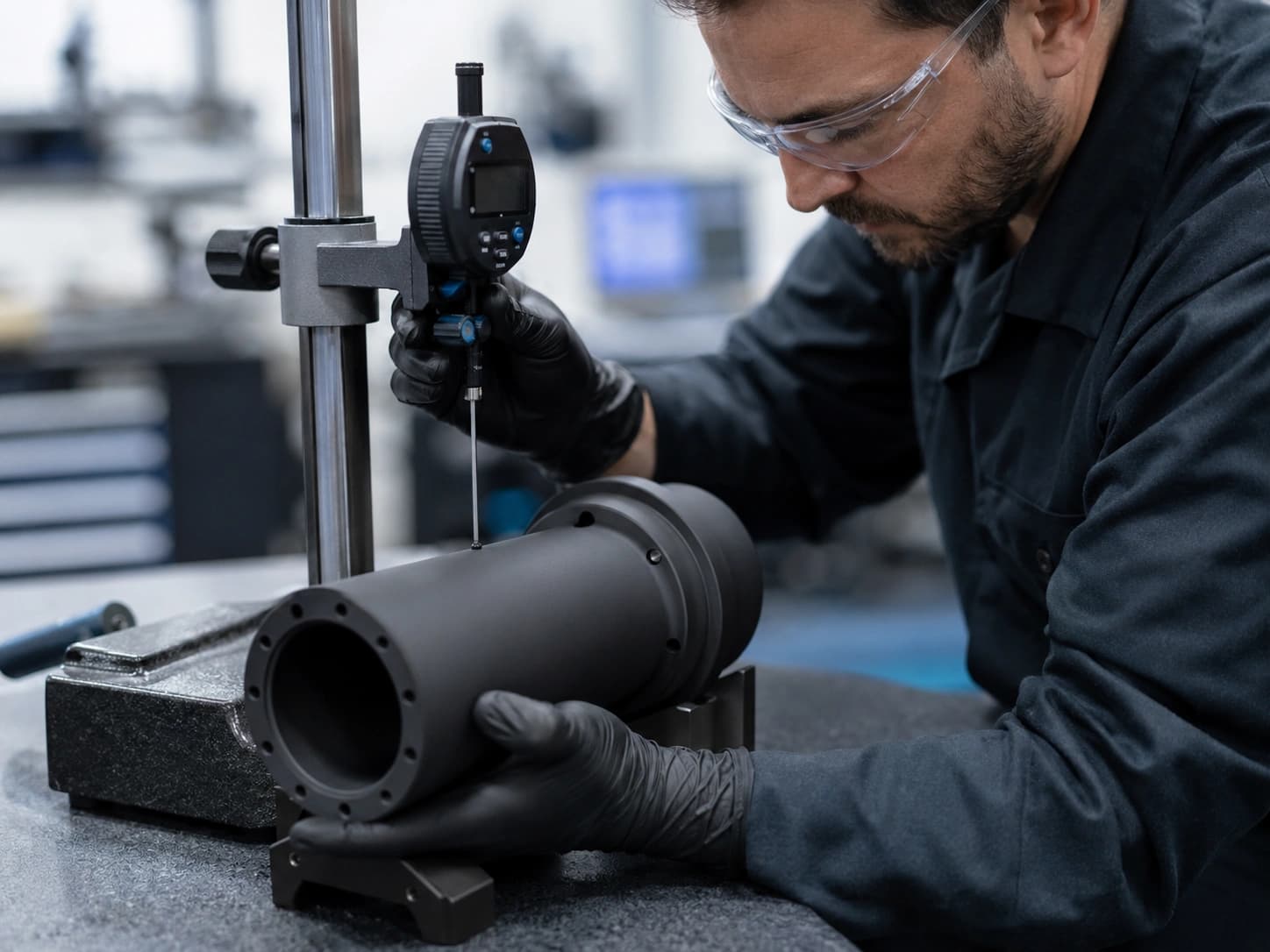 AST QA inspection of a coated component under controlled lighting