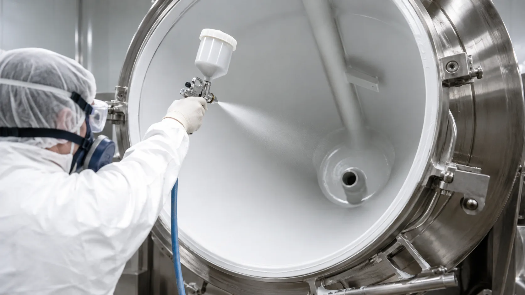 Fluoropolymer lining sprayed into the interior of a process vessel by AST