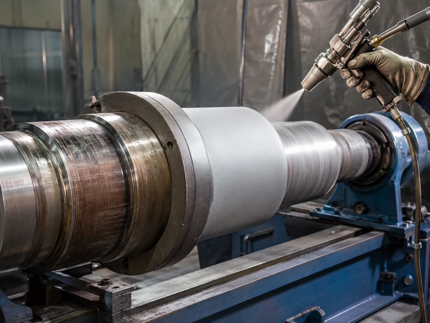 Spray coating applied to a large cylindrical industrial component