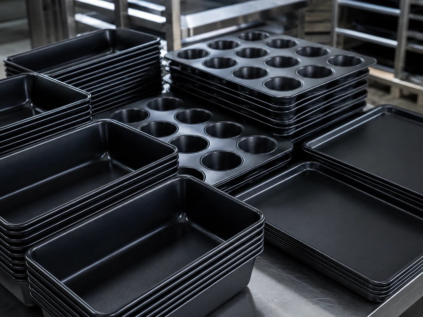 Stacked non-stick-coated industrial bakeware ready for return to production