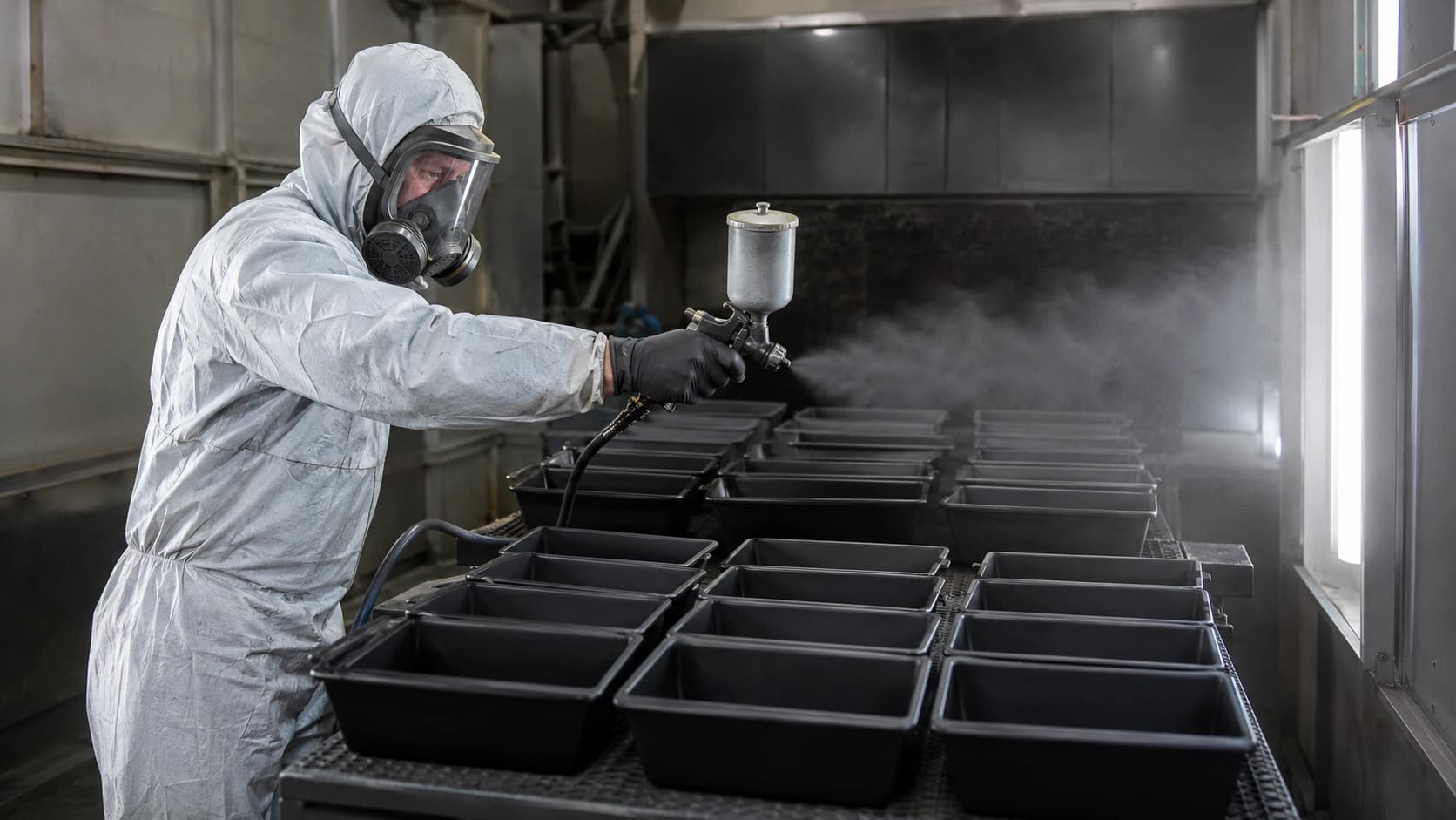 Recoating application on bakery loaf pans inside the AST coating booth