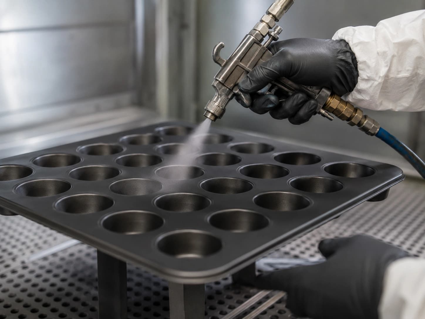 Close-up Teflon spray application onto a muffin tray