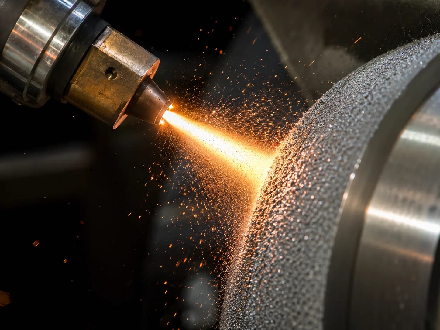 Close-up of a thermal spray plume hitting a rotating shaft during coating