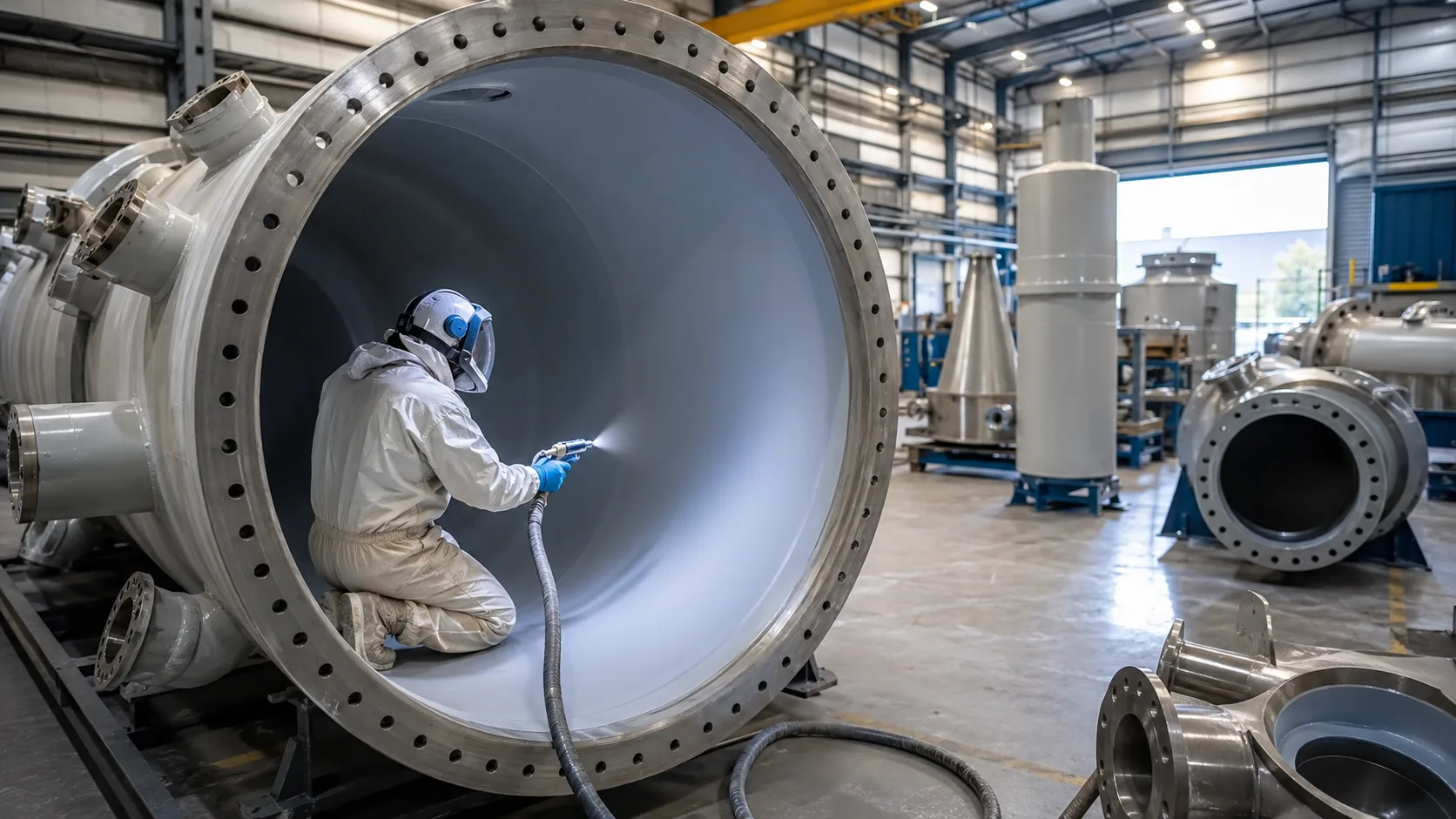 AST applicator in full PPE spray-lining the interior of a large process vessel