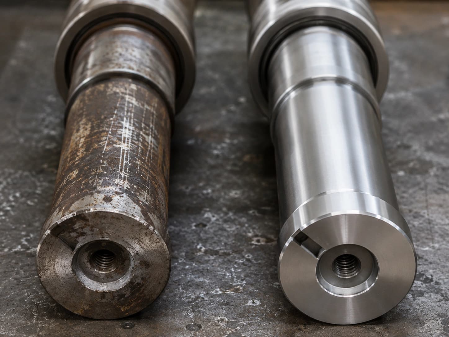 Before-and-after comparison of a worn shaft and the same shaft restored by wire arc metal spray